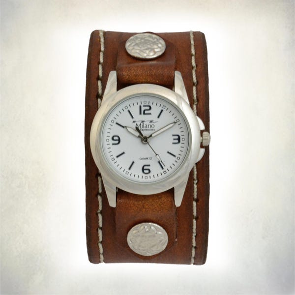 Women's Handmade Brown Leather Cuff Watch With Stitching