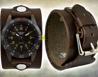 Dark Brown Leather Cuff Watch; Wrap Around Cuff