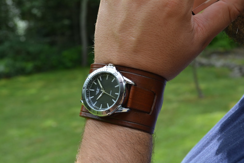 Men's Brown Leather Cuff Watch Etsy