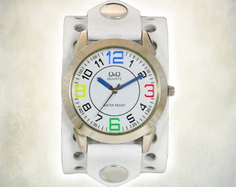 Reloj de pulsera de cuero blanco para mujer
