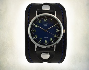 Black Leather Cuff Watch With Stitching - Blue Dial