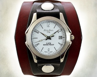 Men's Leather Cuff Watch Two-Tone