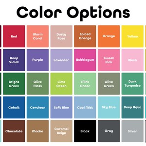 May include: A color chart with the text "Color Options" at the top. The chart displays a grid of color swatches, each labeled with a color name, including Maroon, Red, Warm Coral, and Dusty Rose. The colors range from deep jewel tones to pastels.