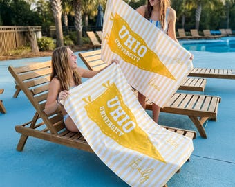 Custom University Beach Towel Custom With Name,School Banner Striped Towel,Class of 2026 Senior Team Gift,School Spirit Graduation Towel