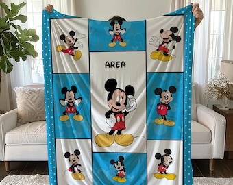 Disney Mickey Mouse Custom Name Blanket, Fleece Minky Sherpa Throws, Cartoon Style Gift for Boys and Girls, Christmas Gift, Bed Quilt Merch