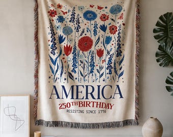 Patriotic USA  Woven Blanket,America 250th, SUSA Semiquincentennial Decor, floral Vintage Americana, Family Members Gift