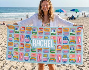 Personalized Sardine Beach Towel, Custom Name Summer Vacation Pool Towel, Bachelorette Party Favor Gift,Girls Trip,Fun Fish