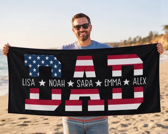 Personalized Dad Beach Towel, Custom Name Father's Day Gift, USA Flag Towel, Gifts for Daddy/Grandfather, Gift From Kids, 4th of July