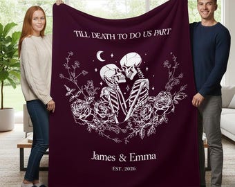 Till Death Do Us Part Personalized Skeleton Blanket, Custom Skeleton Couple, Skeleton Lovers Wedding Blanket, Valentines, Anniversary
