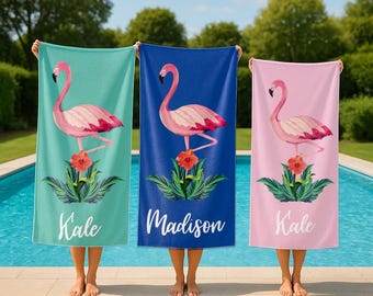 Personalized Flamingo Beach Towel, Custom Name Vacation Gift