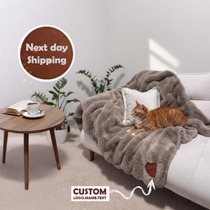 Double Sided Faux Rabbit Fur Blanket, Luxurious Personalized Faux Fur Blanket, Laser Engraved Custom Patch, 50x60 inches Gray & Brown Colors