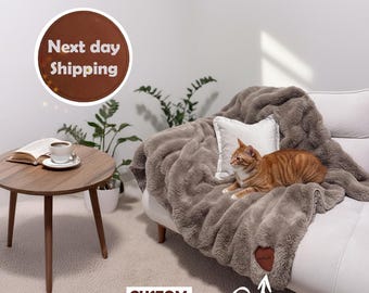 Double Sided Faux Rabbit Fur Blanket, Luxurious Personalized Faux Fur Blanket, Laser Engraved Custom Patch, 50x60 inches Gray & Brown Colors