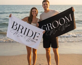Honeymoon Bride and Groom Beach Towel, Bride Custom Beach Towel, Honeymoon Trip, Personalized Gifts For Newlywed Mr. and Mrs. Couple Towels