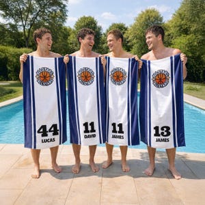 May include: Four white and blue basketball-themed towels with the text "ALLSTARS" and a basketball graphic. Each towel has a different number and name: 44 Lucas, 11 David, 11 James, and 13 James. The towels are held by four people.