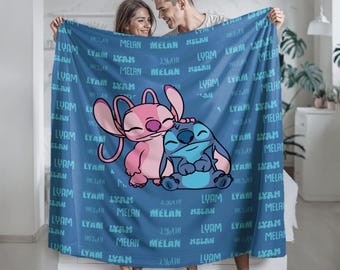 Custom Couple Name Stitch & Angel Blanket, Disney Lilo And Stitch Blanket, Couple Blanket, Valentine Gift For Boyfriend Girlfriend, sibiling
