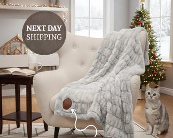 Personalized one side Faux Rabbit Fur Blanket,Custom Engraved Patch Throw,Ultra Soft Cozy Velvet Back,Custom Logo