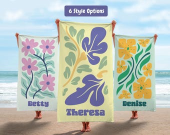 Personalized Floral Beach Towel with Custom Name, Summer Travel Gift, Vibrant Coastal Beach Accessory