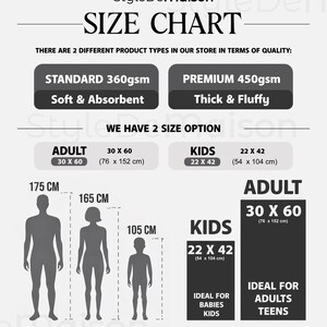 May include: Size chart with product details from StyleDeMaison. Includes adult and kids sizes, with measurements in inches and centimeters. Shows two product types: Standard 360gsm and Premium 450gsm. Text reads "Soft & Absorbent" and "Thick & Fluffy".