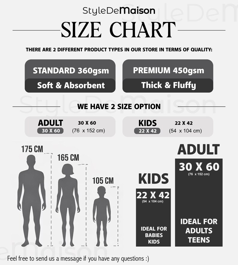 May include: Size chart with product details from StyleDeMaison. Includes adult and kids sizes, with measurements in inches and centimeters. Shows two product types: Standard 360gsm and Premium 450gsm. Text reads "Soft & Absorbent" and "Thick & Fluffy".