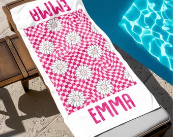 Custom Daisy Grid Name Beach Towel, Personalized Monogram Pool Towel, Signature Beach Towel For Kids, Vacation Gift, Girls Trip 2026