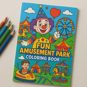 May include: A vibrant "Fun Amusement Park Coloring Book" with a clown illustration. The cover shows a Ferris wheel, carousel, and bumper cars. The clown wears a hat and bow tie. Pencils in orange, red, blue, and green are visible.