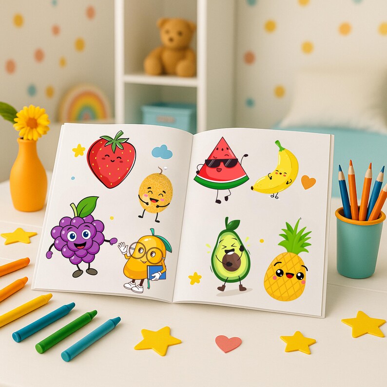 May include: An open book with cartoon fruit illustrations, such as a strawberry, watermelon, and pineapple. Crayons and pencils are arranged around the book on a white surface. A yellow flower in a vase and a teddy bear are in the background.