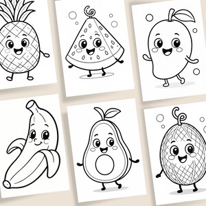 May include: Black and white line drawings of six different fruits with smiling faces. The fruits include a pineapple, watermelon slice, mango, banana, avocado, and a cantaloupe. Each fruit has arms and legs.