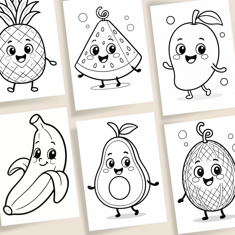 May include: Black and white line drawings of six different fruits with smiling faces. The fruits include a pineapple, watermelon slice, mango, banana, avocado, and a cantaloupe. Each fruit has arms and legs.