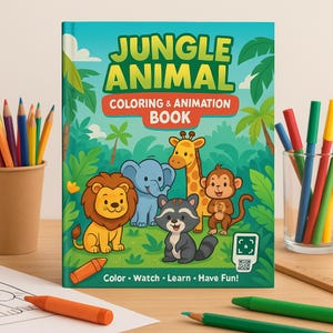 May include: A "Jungle Animal Coloring & Animation Book" with a vibrant cover featuring cartoon animals: a lion, elephant, giraffe, monkey, and raccoon. The cover has the text "Color - Watch - Learn - Have Fun!" and is surrounded by colored pencils and markers.