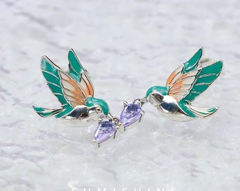 Kingfisher Bird Stud Earrings - 925 Sterling Silver Colorful Enamel Design - Nature Inspired Dainty Jewelry for Women