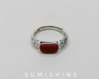 Leaf Hollow Rectangle Red Agate Adjustable Ring S925 Sterling Silver