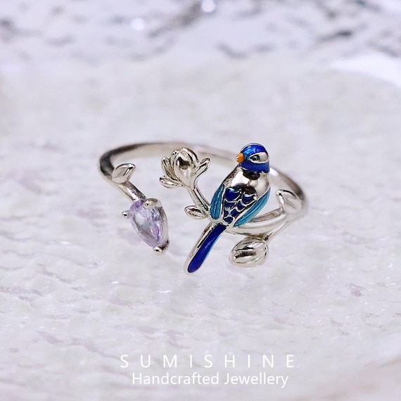 Blue Bird Adjustable Ring - 925 Sterling Silver Open Band with Enamel Detailing - Nature Inspired Stacking Jewelry