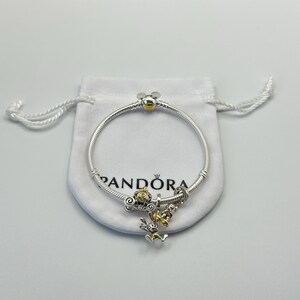 May include: A silver Pandora bracelet with a Mickey Mouse clasp and charms. The charms include a gold-coloured carriage and a gold and silver-coloured charm of Mickey Mouse and Pluto. The bracelet is displayed on a white drawstring bag.