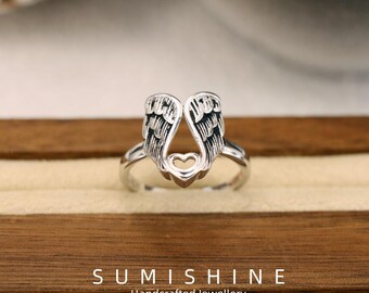 Verstelbare band beschermend symbool, antiek geïnspireerde S925 sieraden vintage sterlingzilveren ring engelvleugel,