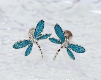 Blue Dragonfly Stud Earrings - Hand-Painted Enamel Insect Jewelry - 925 Sterling Silver Nature Inspired Earrings