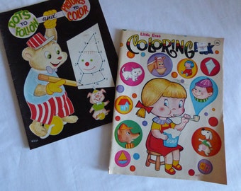 Vintage Coloring Book Lot of 2 ~ 1975 Vago ~Dot to Dots To Follow 1975 & Coloring Book ~ Retro Classic Old School ~ Junk Journal Pages More!