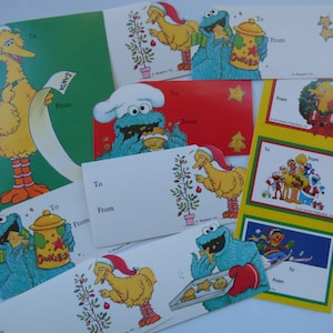 Vintage 80&#39;s Sesame Street Christmas Gift Tag Lot ~ Cookie Monster Big Bird Ernie ~1980s Public Television