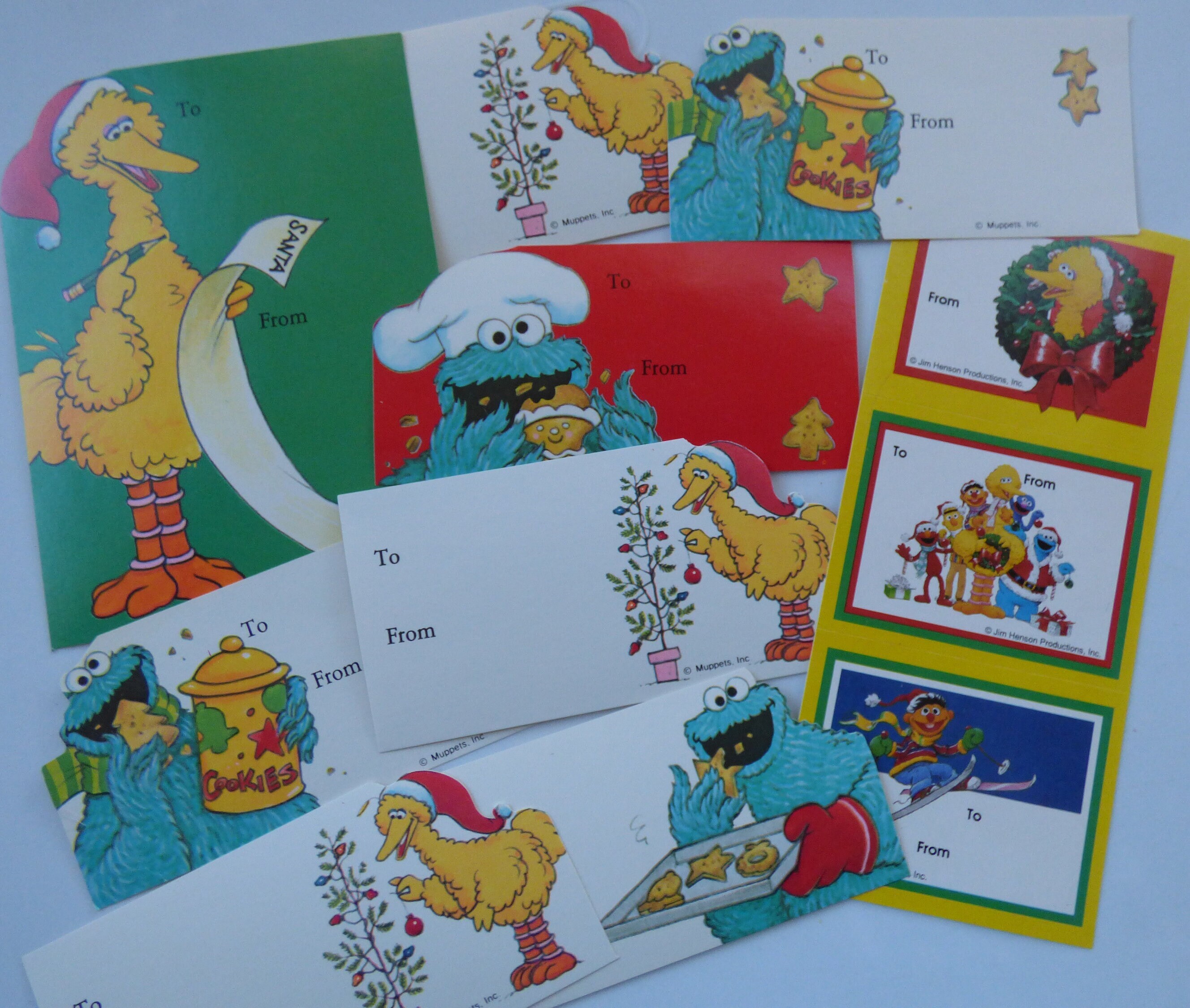 Vintage 80's Sesame Street Christmas Gift Tag Lot ~ Cookie Monster Big Bird Ernie ~1980s Public Television