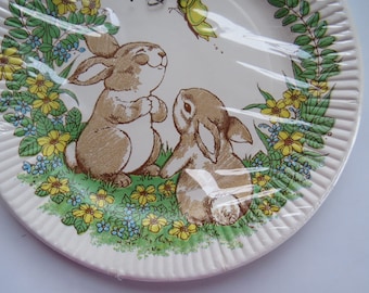 Vintage Package Easter Paper Plates With Bunny Rabbits Flowers and Butterfly