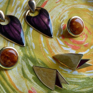 Trio Vintage Earrings ~ Goldtone & Enamel ~ 80&#39;s Fashion ~ Variety Lot ~ Retro Costume Jewelry