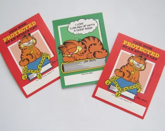 Ex-libris Garfield Ephemera vintage des années 80 X3 ~ Antioche ~ Propriété du livre de ~ Étiquettes ~ Rétro