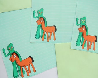 Trio de papeterie vintage Gumby & Pokey avec deux enveloppes originales ~ Objet de collection