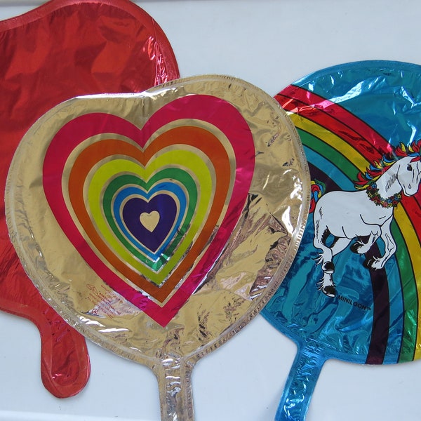 5 Vintage 80's Unicorn Rainbow & Hearts Mylar Balloon Lot ~ Miniloon Anagram ~ Table Gift Toppers Party Favors! Retro Illuminations Style