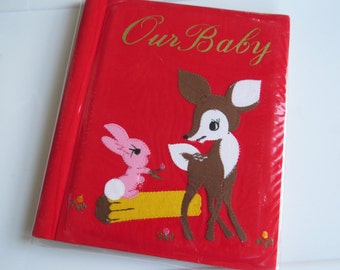 Sweet New 1970's Vintage ~ Fabric Cover ~ Our Baby ~ Picture Photo Album ~ Red Velvet ~ Applique Deer & Bunny ~ Retro ~ Junk Journal Base