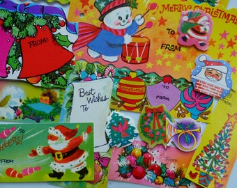 Fun Vintage Christmas Gift Tags & Seal lot ~ Whimsical Unique Dime Store Bold n Bright Groovy