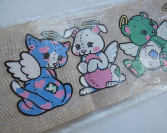 A Rare Find! Adorable Vintage 80's Iron-Ons ~ Trans-Easy ~ Dimensional Velour Designs Set #9614 Angel Animals Kitten Bear Puppy Bunny Pastel