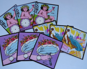 May include: A collection of vintage-style invitation cards. Some cards feature a cherub holding a wine glass, others a woman in a blue dress. The cards have space for date and place, with the word "COME" prominently displayed.
