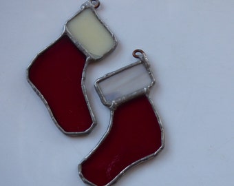 Vintage Stained Glass Christmas Ornaments Stockings Sun Catcher Metal Frame Homemade GLASS 3.5" Ornaments Red White Artisan Arts and Crafts