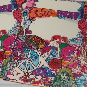 May include: A colorful psychedelic wrapping paper design with a peace sign, flowers, and people. The text "RAP WRAP" is at the top of the design.