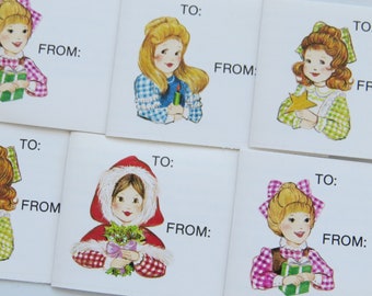 Lot Vintage 1970's Gingham's Christmas Gift Tag Lot ~ Little Girls in Gingham Dresses & Pinafores
